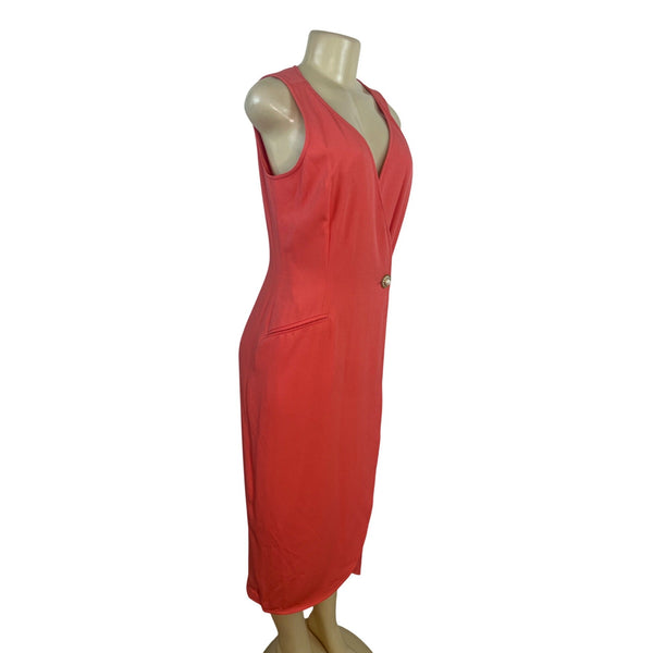 Kenar Women's Orange Sleeveless Wrap Midi Dress With Pearl Button Sz 6