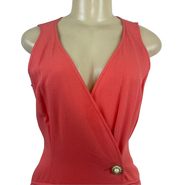 Kenar Women's Orange Sleeveless Wrap Midi Dress With Pearl Button Sz 6