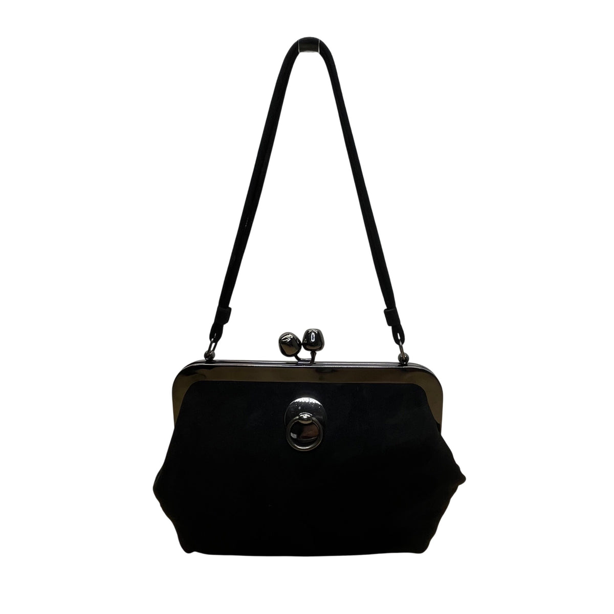 Saber Women’s Black Suede With Silver Metal Frame & Kiss Lock Closure Clutch Bag