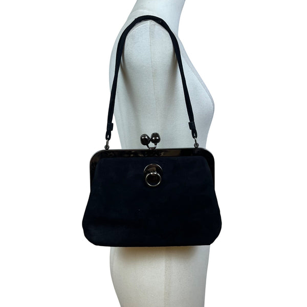 Saber Women’s Black Suede With Silver Metal Frame & Kiss Lock Closure Clutch Bag