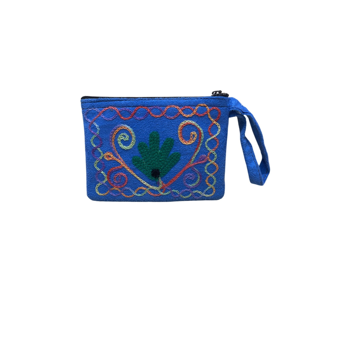 Handmade Unisex Blue Embroidered Felt Wristlet Bag With Zipper & Floral Design