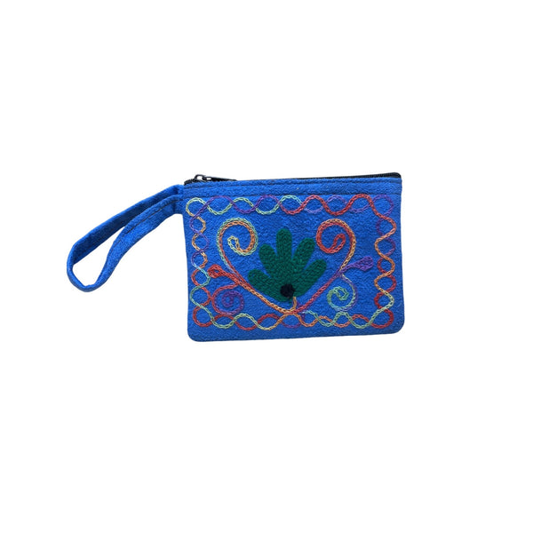 Handmade Unisex Blue Embroidered Felt Wristlet Bag With Zipper & Floral Design