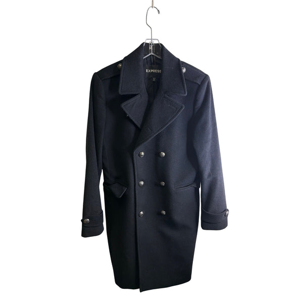 Express Mens Black Wool-Blend Double-Breasted Coat Medium Military Style