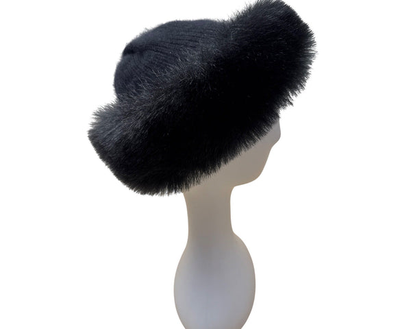 Aris Vintage 60s - 70s Black Knit Hat With Wool and Angora Rabbit Fur Trim