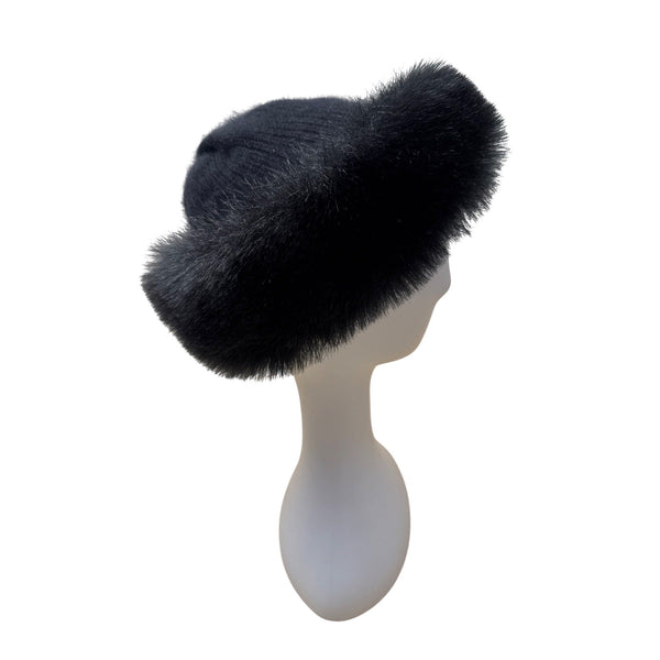 Aris Vintage 60s - 70s Black Knit Hat With Wool and Angora Rabbit Fur Trim