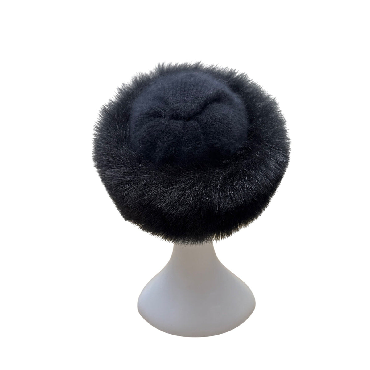 Aris Vintage 60s - 70s Black Knit Hat With Wool and Angora Rabbit Fur Trim