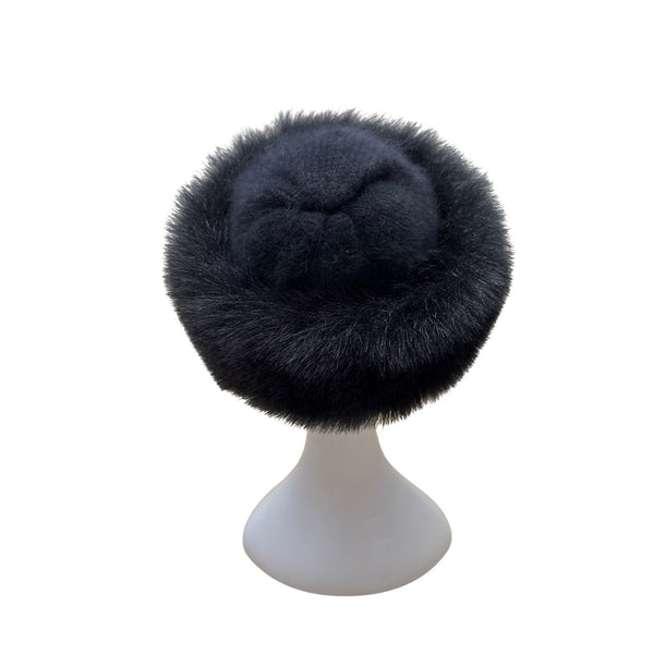 Aris Vintage 60s - 70s Black Knit Hat With Wool and Angora Rabbit Fur Trim