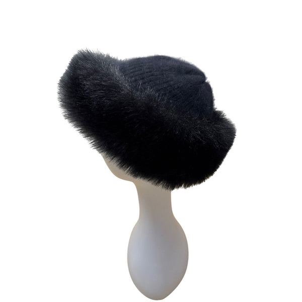 Aris Vintage 60s - 70s Black Knit Hat With Wool and Angora Rabbit Fur Trim