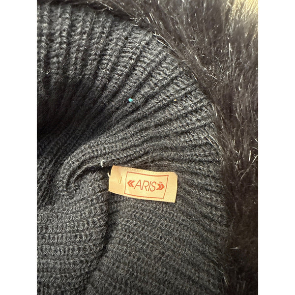 Aris Vintage 60s - 70s Black Knit Hat With Wool and Angora Rabbit Fur Trim