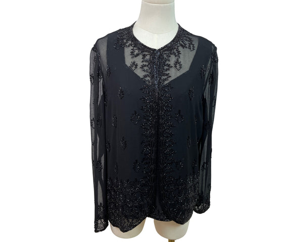 Jkara New York Black Beaded Sheer Long Sleeve Cardigan & Sleeveless Tank Set Sz M