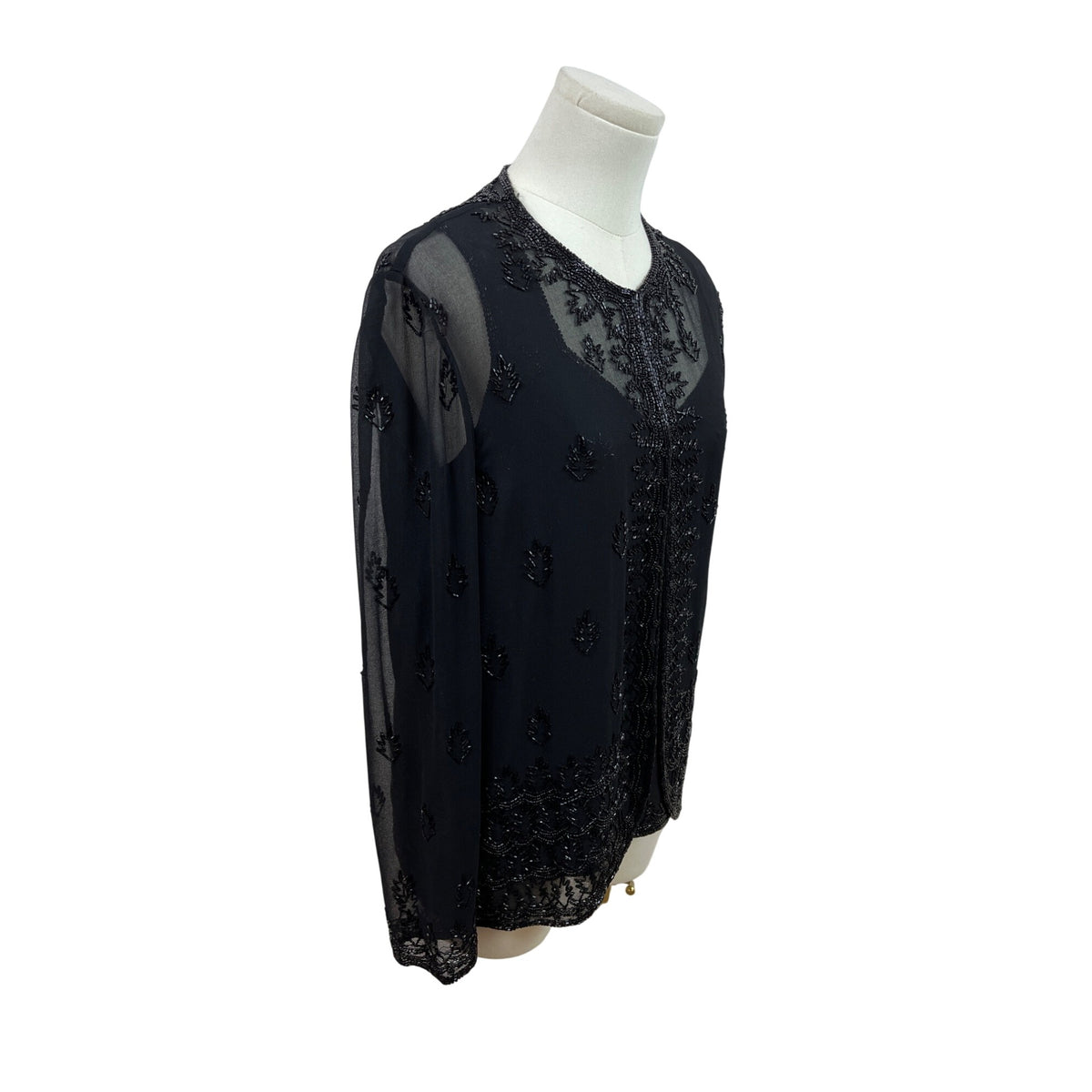 Jkara New York Black Beaded Sheer Long Sleeve Cardigan & Sleeveless Tank Set Sz M