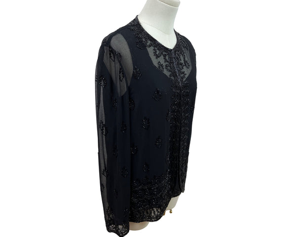 Jkara New York Black Beaded Sheer Long Sleeve Cardigan & Sleeveless Tank Set Sz M