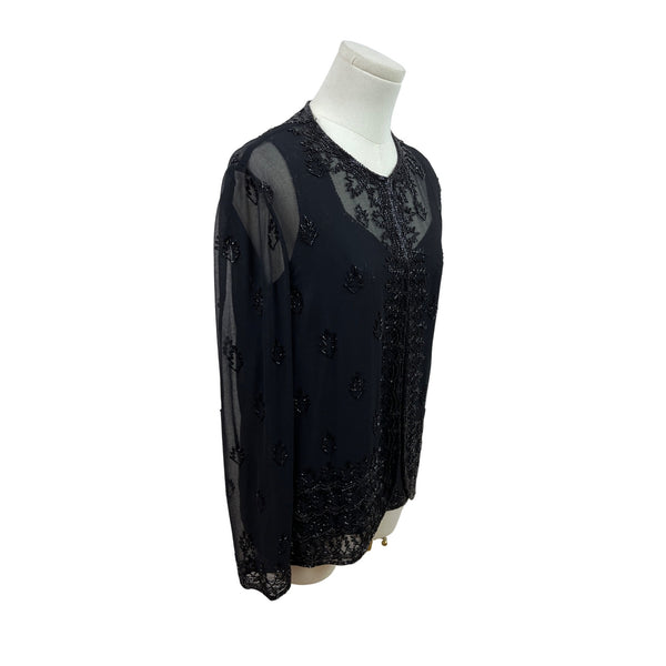 Jkara New York Black Beaded Sheer Long Sleeve Cardigan & Sleeveless Tank Set Sz M