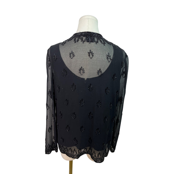 Jkara New York Black Beaded Sheer Long Sleeve Cardigan & Sleeveless Tank Set Sz M
