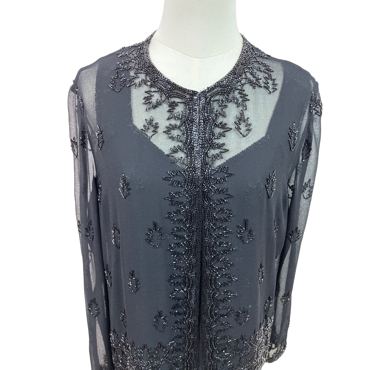 Jkara New York Black Beaded Sheer Long Sleeve Cardigan & Sleeveless Tank Set Sz M