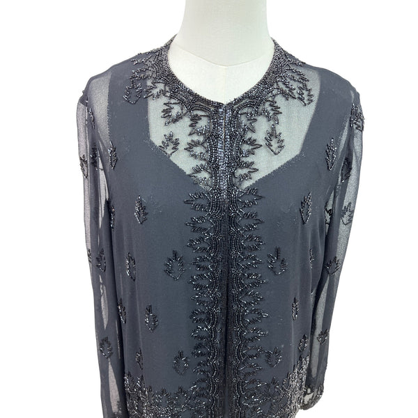 Jkara New York Black Beaded Sheer Long Sleeve Cardigan & Sleeveless Tank Set Sz M