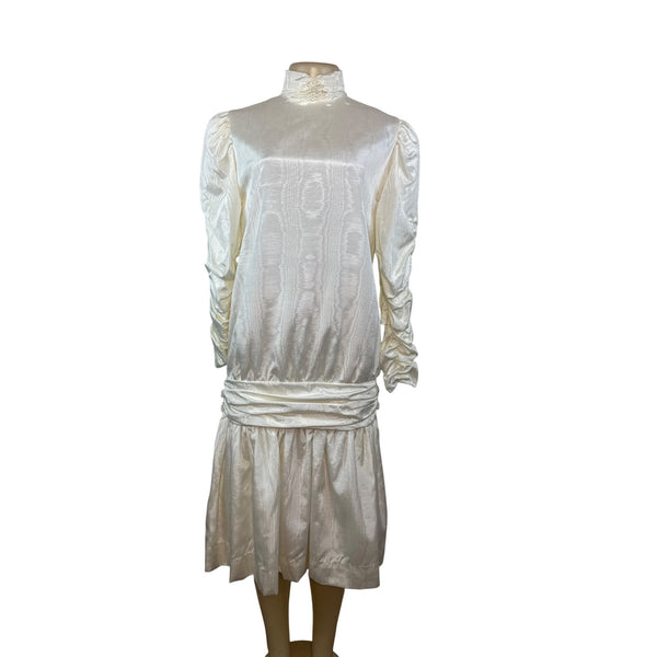 Vintage Stephanie’s Child White Satin Long Sleeve Dress With High Neck Sz 14