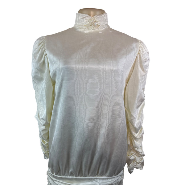 Vintage Stephanie’s Child White Satin Long Sleeve Dress With High Neck Sz 14