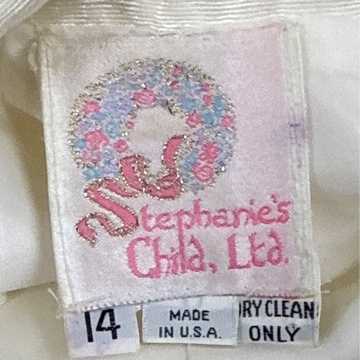 Vintage Stephanie’s Child White Satin Long Sleeve Dress With High Neck Sz 14