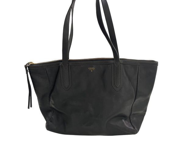 Fossil Womens Black Leather Tote Bag With Handles & Zip Closure