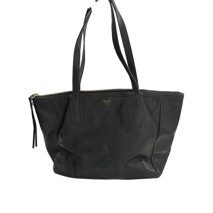 Fossil Womens Black Leather Tote Bag With Handles & Zip Closure