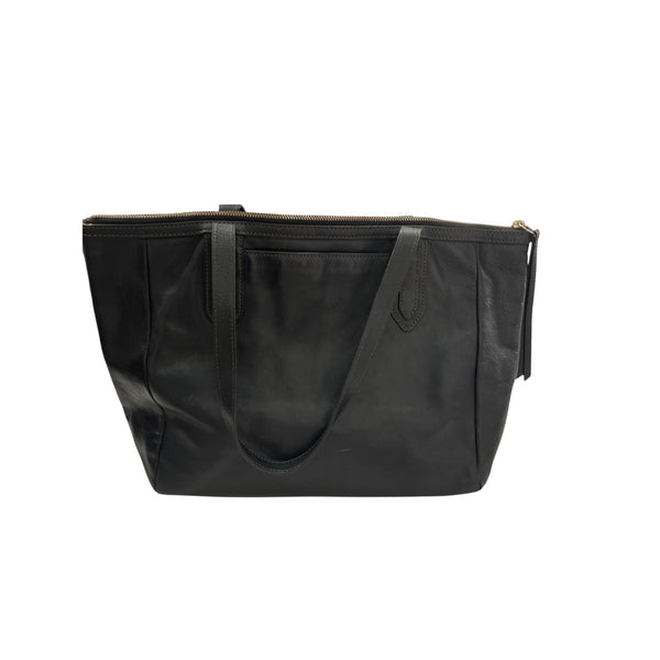 Fossil Womens Black Leather Tote Bag With Handles & Zip Closure