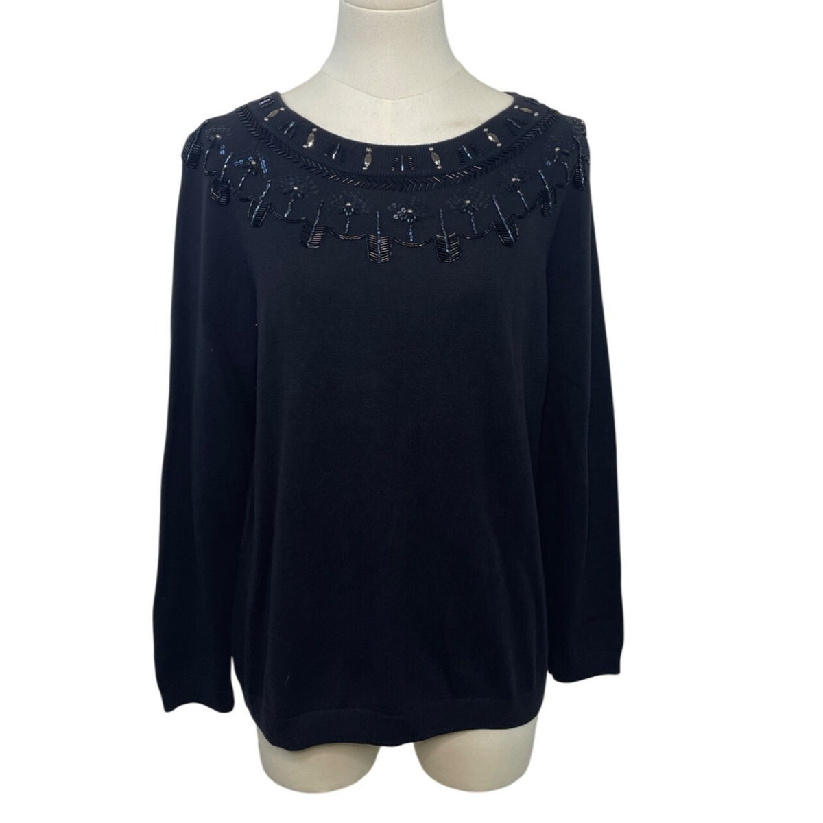 Talbots RSVP Embellished Black Sweater Sz Lp Womens Beaded Neckline Cotton Blend
