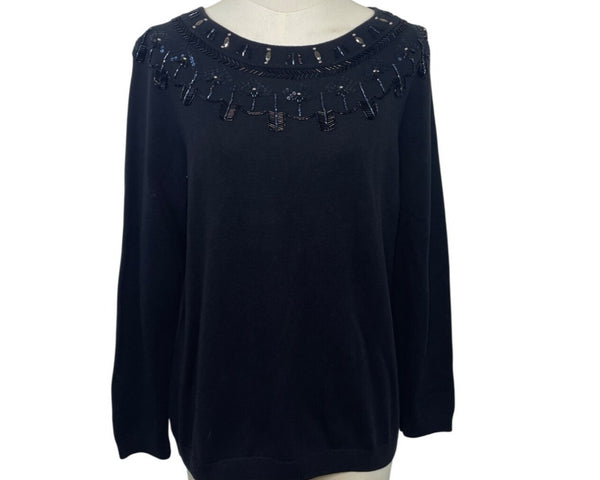 Talbots RSVP Embellished Black Sweater Sz Lp Womens Beaded Neckline Cotton Blend