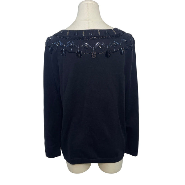 Talbots RSVP Embellished Black Sweater Sz Lp Womens Beaded Neckline Cotton Blend