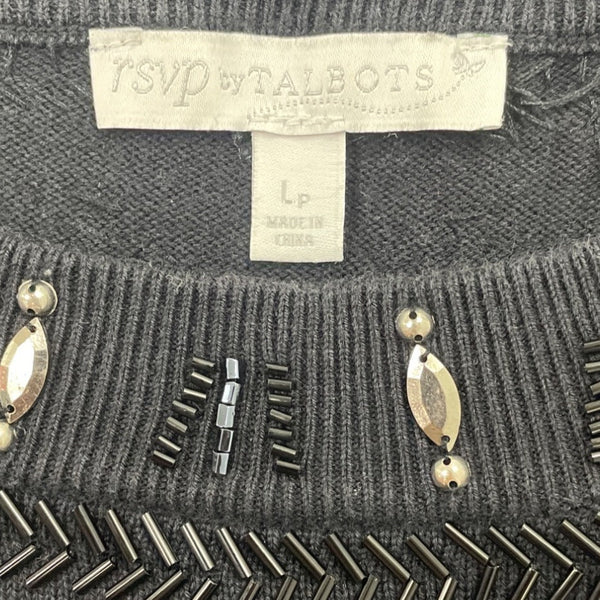 Talbots RSVP Embellished Black Sweater Sz Lp Womens Beaded Neckline Cotton Blend