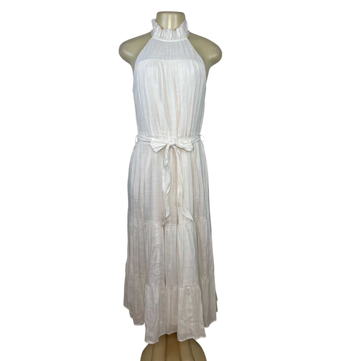 Banana Republic XS White Halter Maxi Dress With Ruffle Neck & Belted Waist - New