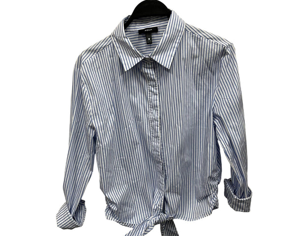 Aqua Womens Blue Striped Cotton Button-Up Shirt With Tie Hem Size S
