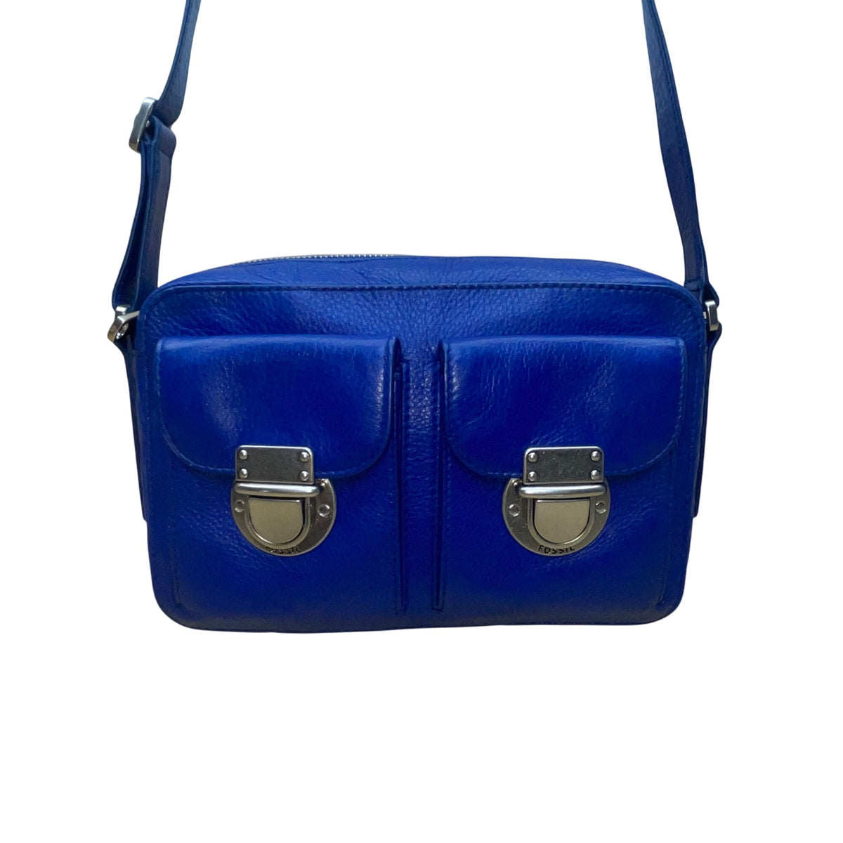 Fossil Women’s Blue Leather Adjustable Strap Dual Front Pockets Crossbody Bag