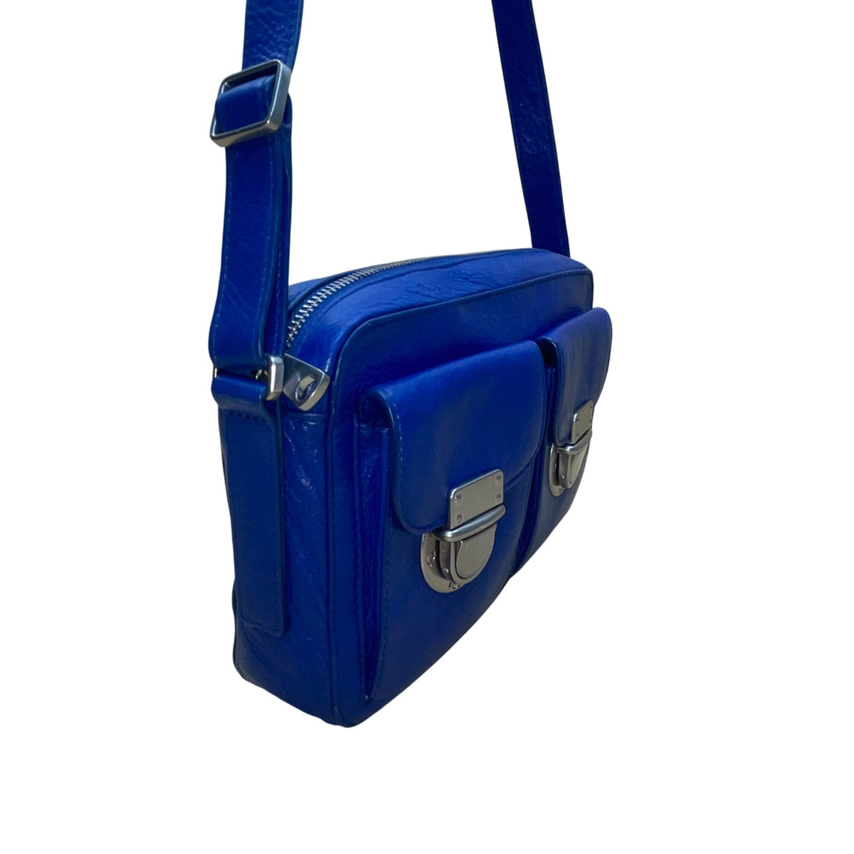 Fossil Women’s Blue Leather Adjustable Strap Dual Front Pockets Crossbody Bag