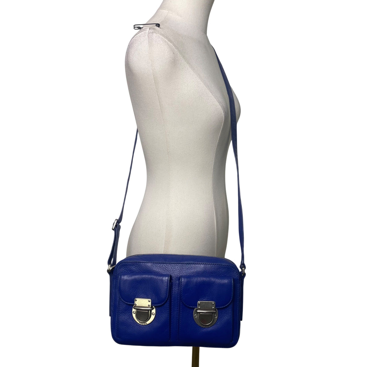 Fossil Women’s Blue Leather Adjustable Strap Dual Front Pockets Crossbody Bag