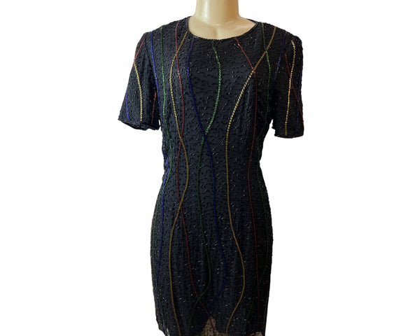 Vintage Styleworks Silk Dress With Colorful Beaded Design & Zipper Closure Sz 12