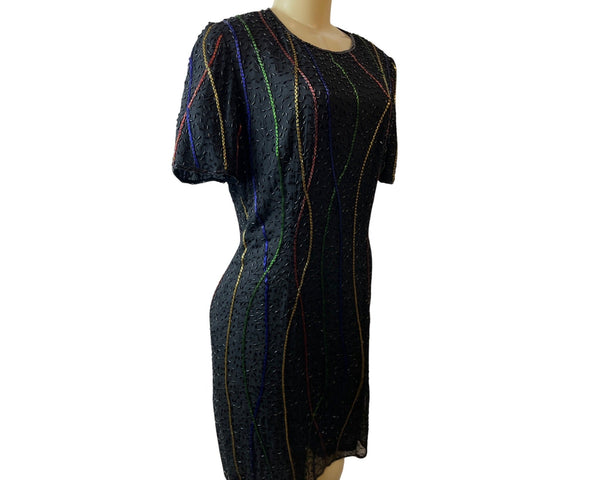 Vintage Styleworks Silk Dress With Colorful Beaded Design & Zipper Closure Sz 12
