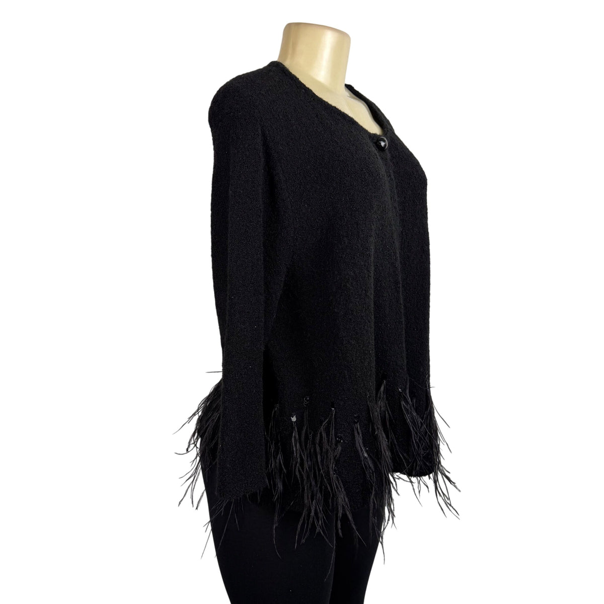 Chicos Womens Black Acrylic/Nylon/Wool Feather Trim Long Sleeve Cardigan Size 2