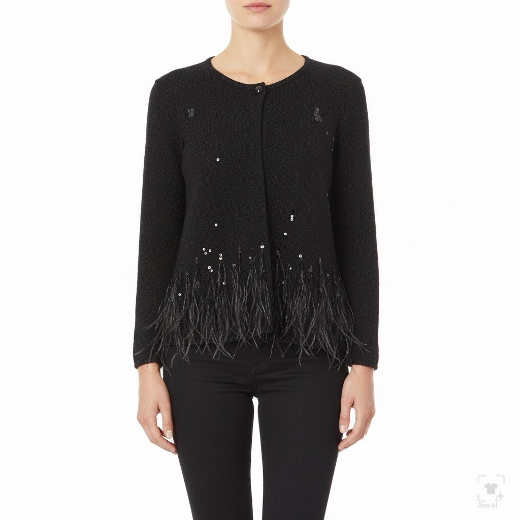 Chicos Womens Black Acrylic/Nylon/Wool Feather Trim Long Sleeve Cardigan Size 2