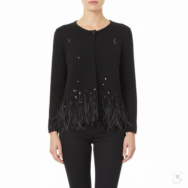 Chicos Womens Black Acrylic/Nylon/Wool Feather Trim Long Sleeve Cardigan Size 2