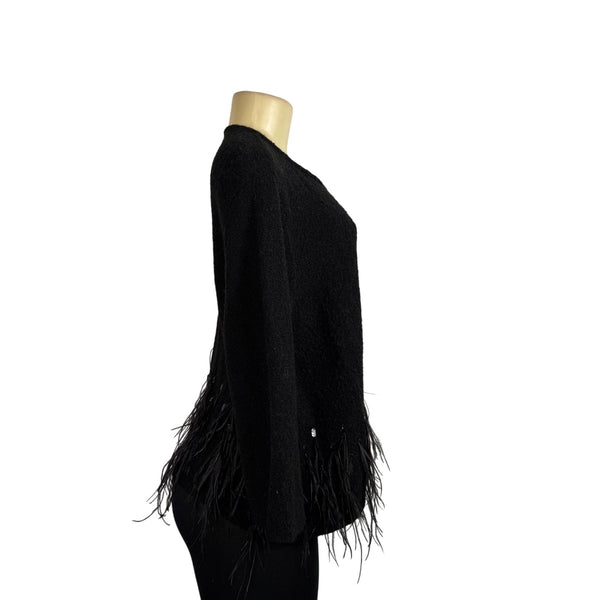 Chicos Womens Black Acrylic/Nylon/Wool Feather Trim Long Sleeve Cardigan Size 2