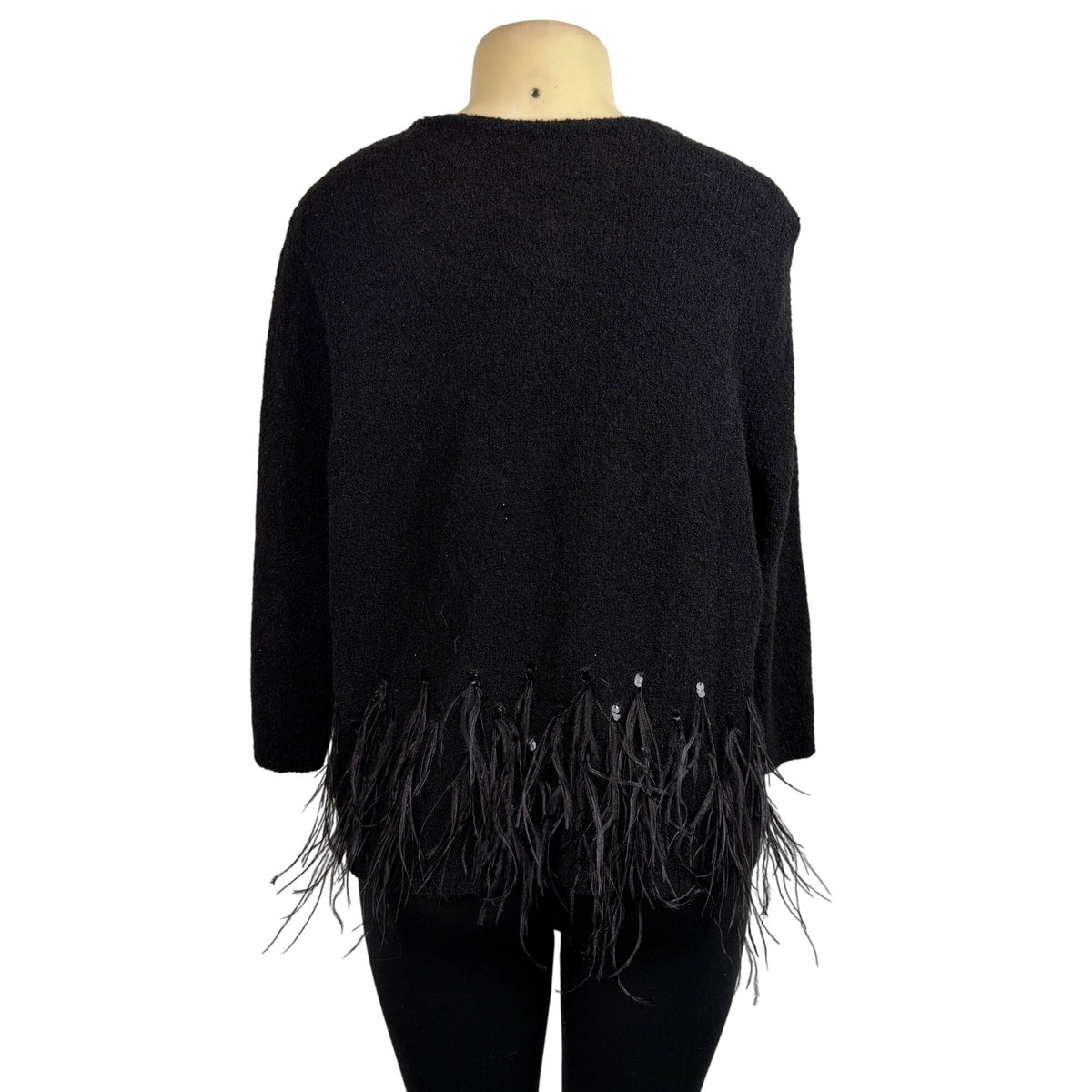 Chicos Womens Black Acrylic/Nylon/Wool Feather Trim Long Sleeve Cardigan Size 2