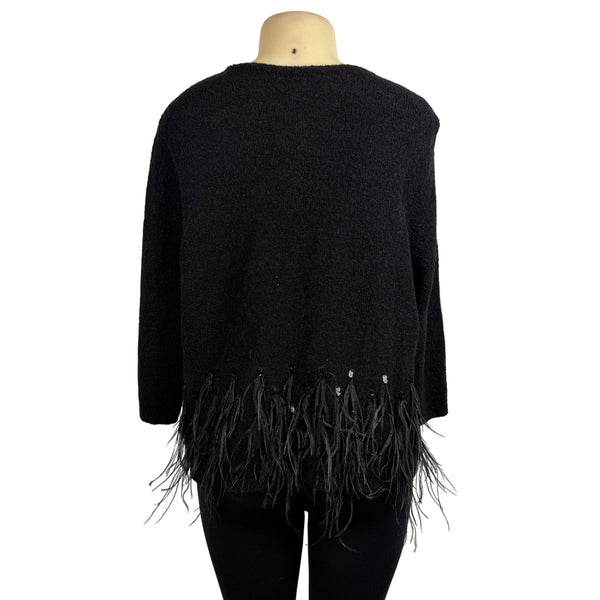 Chicos Womens Black Acrylic/Nylon/Wool Feather Trim Long Sleeve Cardigan Size 2