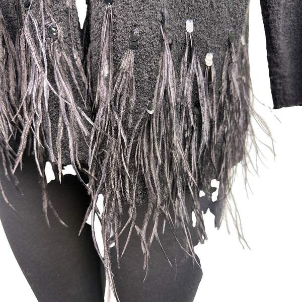 Chicos Womens Black Acrylic/Nylon/Wool Feather Trim Long Sleeve Cardigan Size 2
