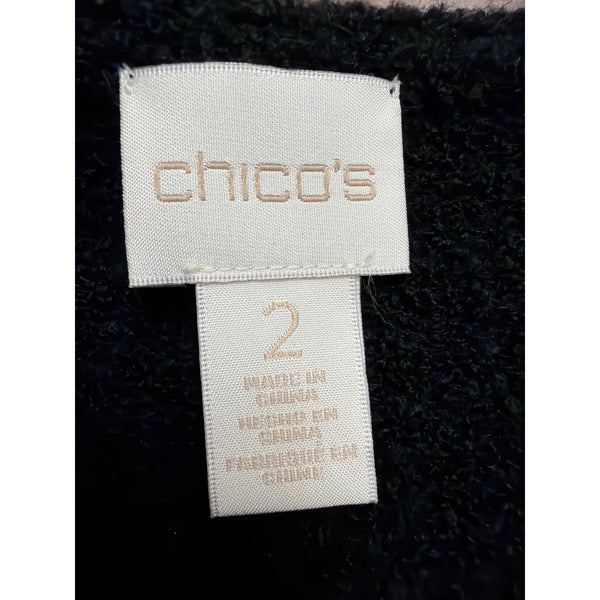 Chicos Womens Black Acrylic/Nylon/Wool Feather Trim Long Sleeve Cardigan Size 2