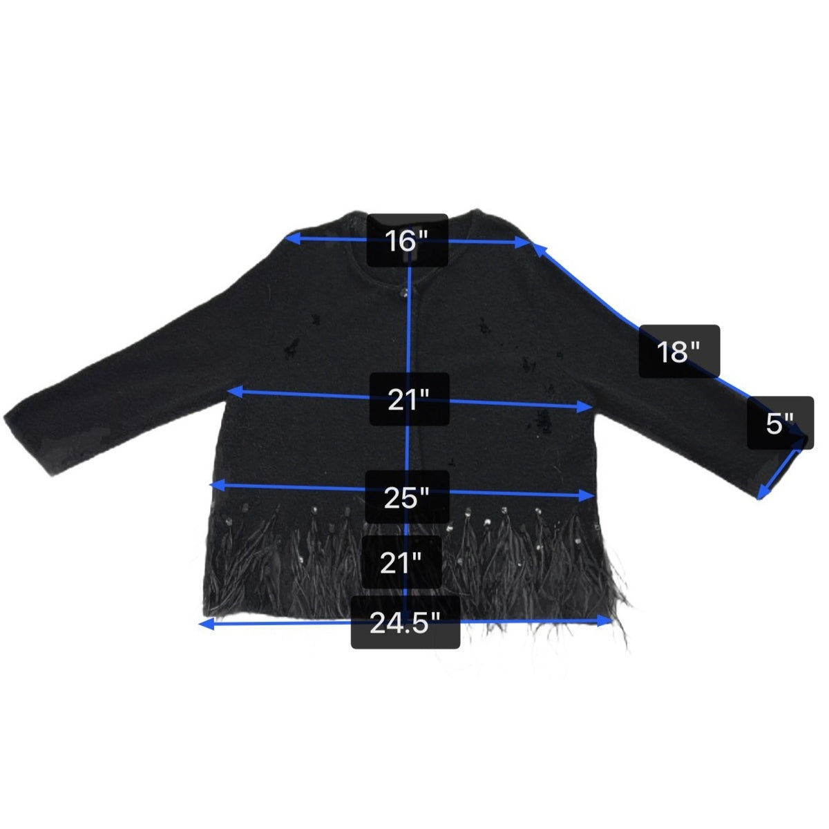 Chicos Womens Black Acrylic/Nylon/Wool Feather Trim Long Sleeve Cardigan Size 2