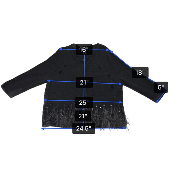 Chicos Womens Black Acrylic/Nylon/Wool Feather Trim Long Sleeve Cardigan Size 2