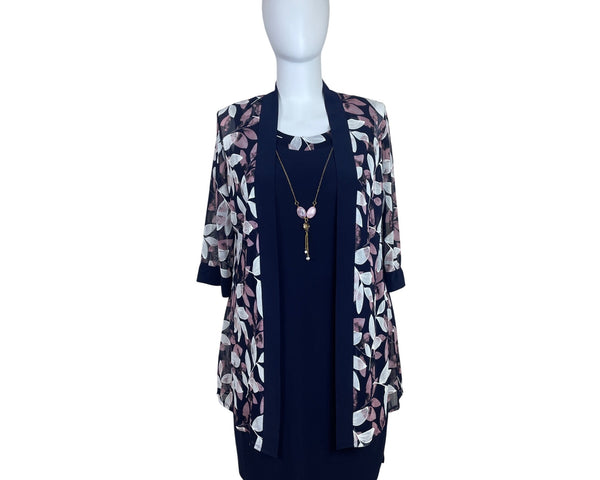 R&M Richards Navy Sleeveless Sheath Dress With Pink/White Cardigan Sz 16 W