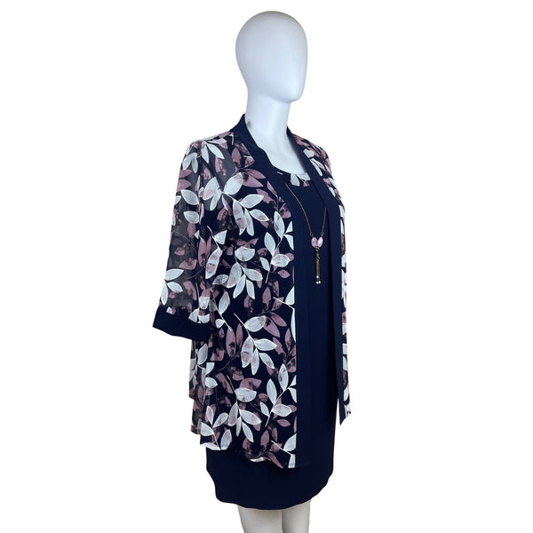 R&M Richards Navy Sleeveless Sheath Dress With Pink/White Cardigan Sz 16 W