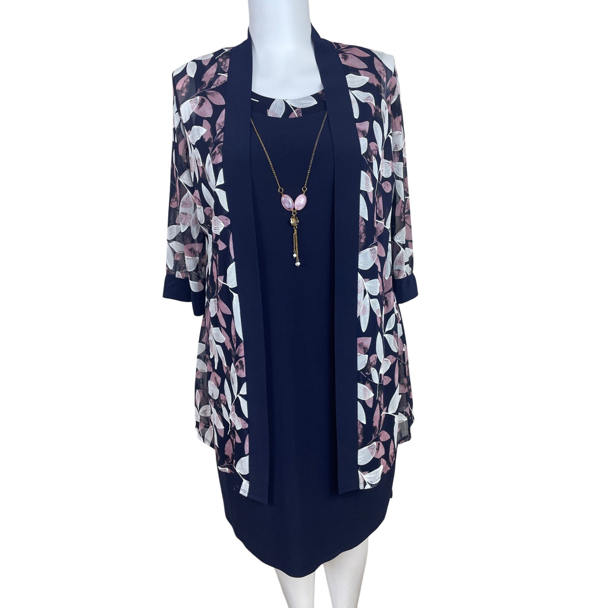 R&M Richards Navy Sleeveless Sheath Dress With Pink/White Cardigan Sz 16 W